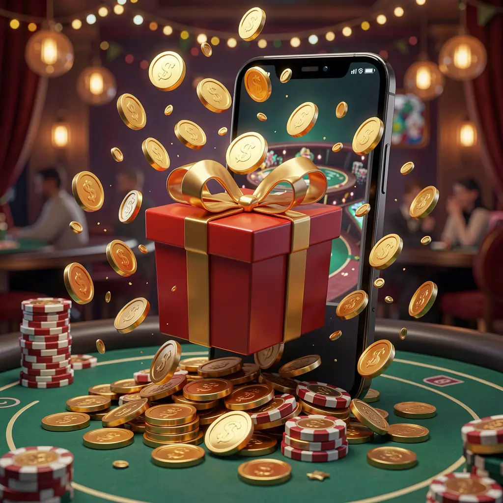 G06 mobile casino bonus app concept showing a phone screen with a gift box and coins bursting out in a festive casino atmosphere G06 mobile casino bonus app concept showing a phone screen with a gift box and coins bursting out in a festive casino atmosphere