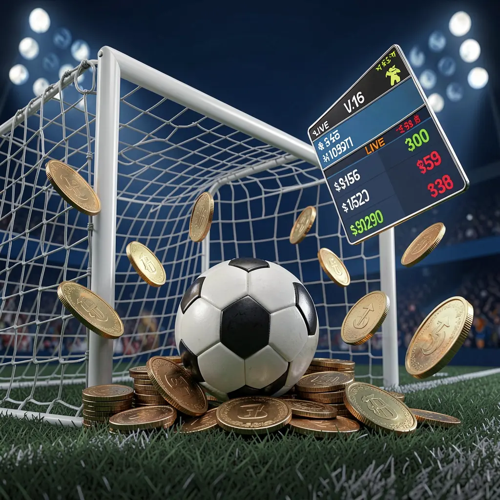 Realistic 3D render of a football goal net with a soccer ball, stadium lights, coins, and floating live score panels on a dark blue premium background, showcasing G06 sports betting page Realistic 3D render of a football goal net with a soccer ball, stadium lights, coins, and floating live score panels on a dark blue premium background, showcasing G06 sports betting page