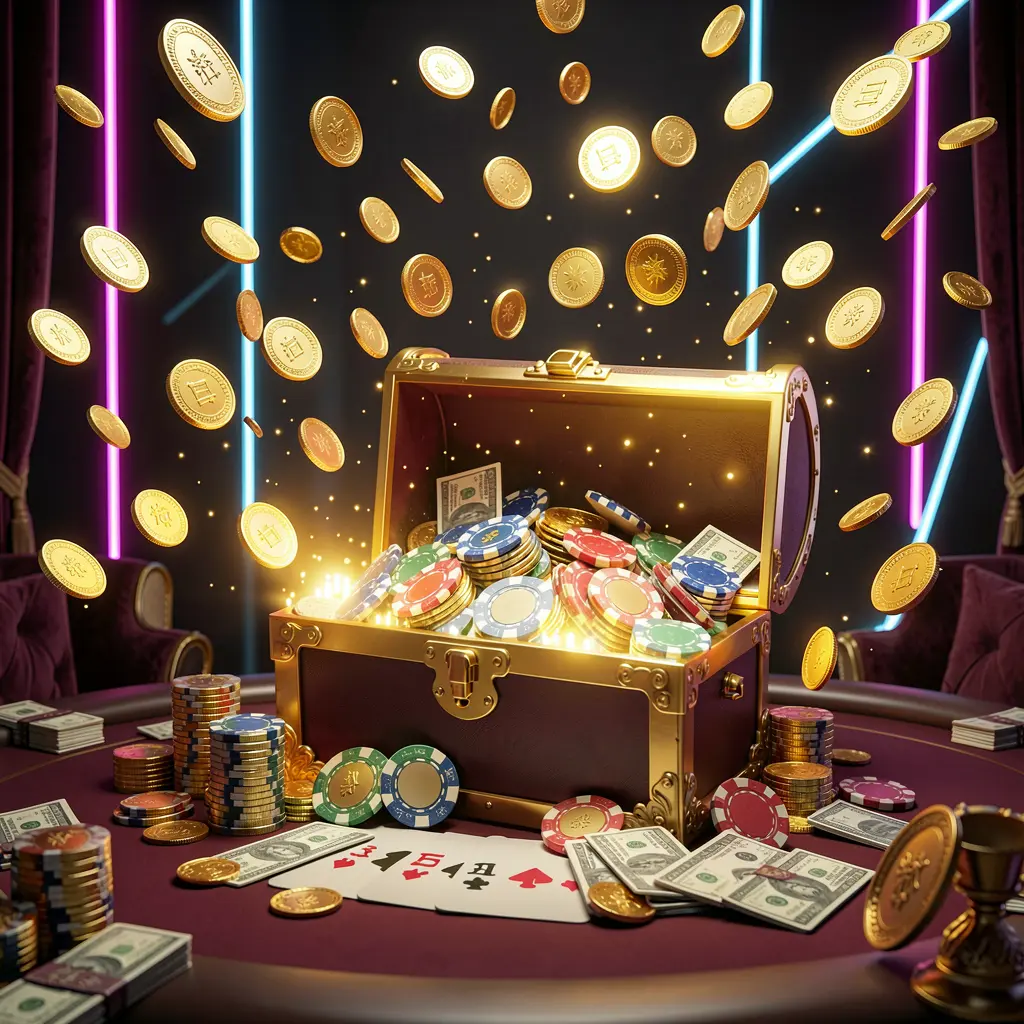 G06 premium online casino bonus banner featuring golden coins flying in the air and a glowing treasure chest full of chips and cash against a luxury dark background with neon accents in an elegant casino style G06 premium online casino bonus banner featuring golden coins flying in the air and a glowing treasure chest full of chips and cash against a luxury dark background with neon accents in an elegant casino style