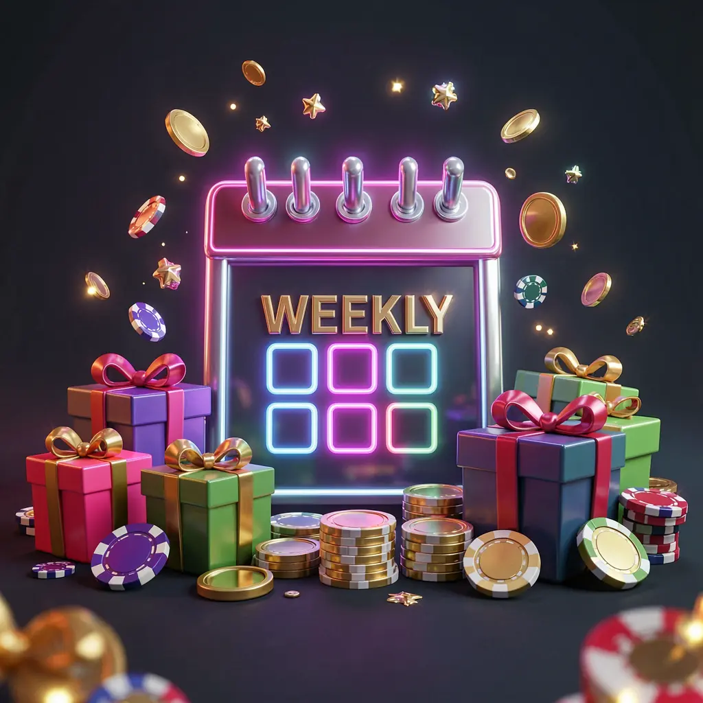 G06 weekly casino bonus concept featuring a calendar icon, gift boxes, coins, and chips with a festive dark background and neon glow in premium 3D style G06 weekly casino bonus concept featuring a calendar icon, gift boxes, coins, and chips with a festive dark background and neon glow in premium 3D style
