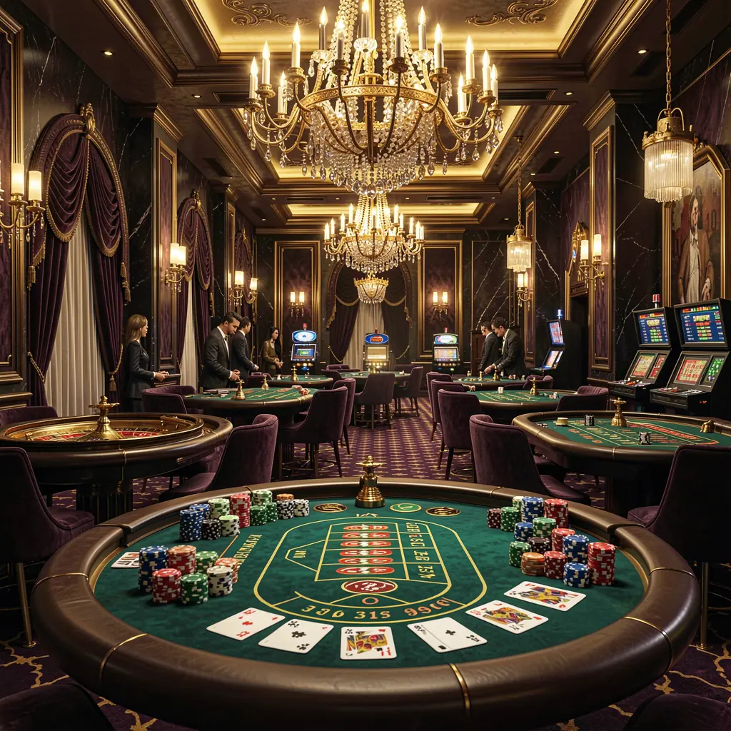 G06 high-end casino lobby in Malaysia featuring golden lights, roulette tables with chips and cards, elegant premium design with a dark cinematic background in an ultra detailed 3D render G06 high-end casino lobby in Malaysia featuring golden lights, roulette tables with chips and cards, elegant premium design with a dark cinematic background in an ultra detailed 3D render