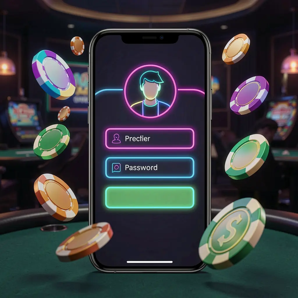 G06 mobile casino login screen with phone displaying abstract user profile and password fields, neon glow, flying chips and coins in a dark premium casino atmosphere G06 mobile casino login screen with phone displaying abstract user profile and password fields, neon glow, flying chips and coins in a dark premium casino atmosphere