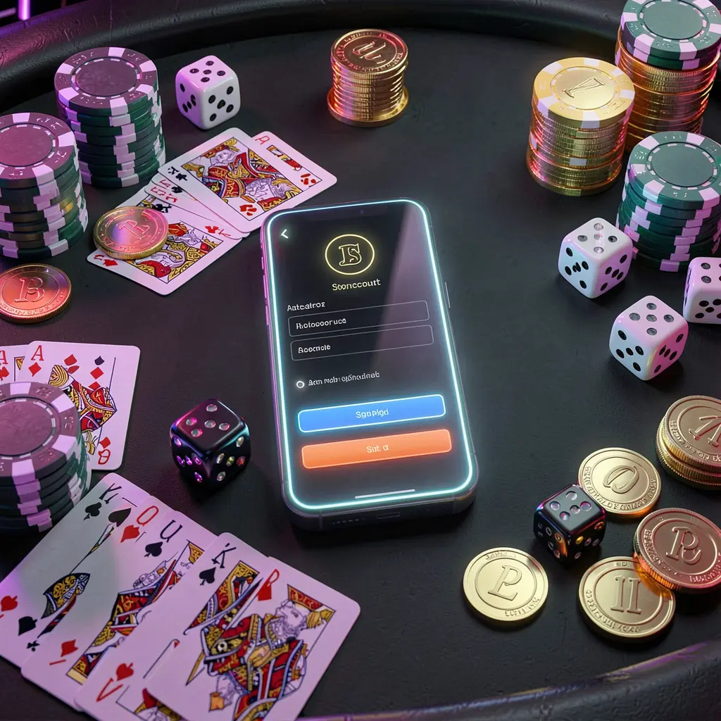 G06 casino account sign in scene with glowing smartphone on casino table surrounded by cards, chips, dice, and gold coins, set against an elegant dark background with neon highlights in a realistic 3D render G06 casino account sign in scene with glowing smartphone on casino table surrounded by cards, chips, dice, and gold coins, set against an elegant dark background with neon highlights in a realistic 3D render