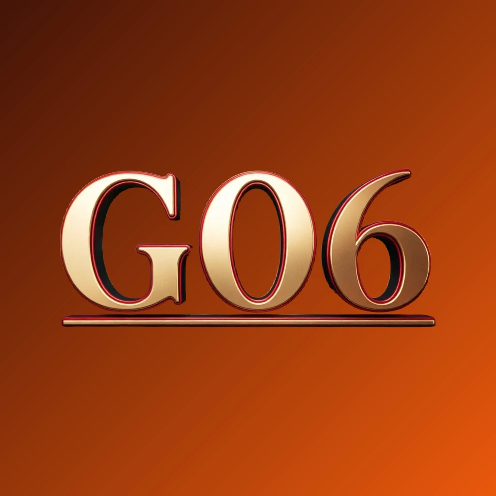 Luxury casino logo for G06 featuring rich gold gradient text with red and black accents, elegant lighting effects, designed in a horizontal rectangular wordmark style for a high-end entertainment website header