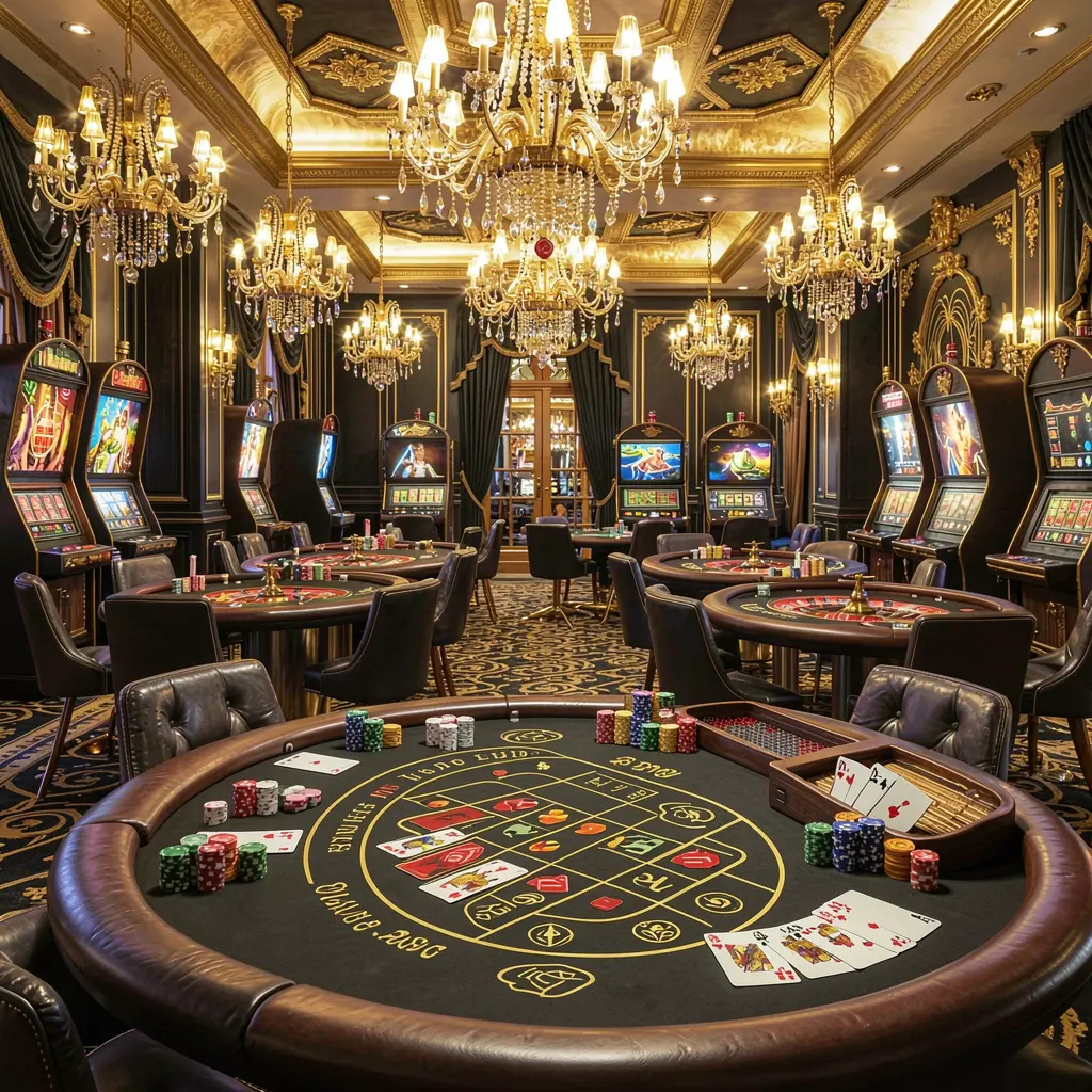 G06 luxury online casino lobby with glowing roulette tables, golden lights, poker chips and cards in a premium black and gold design